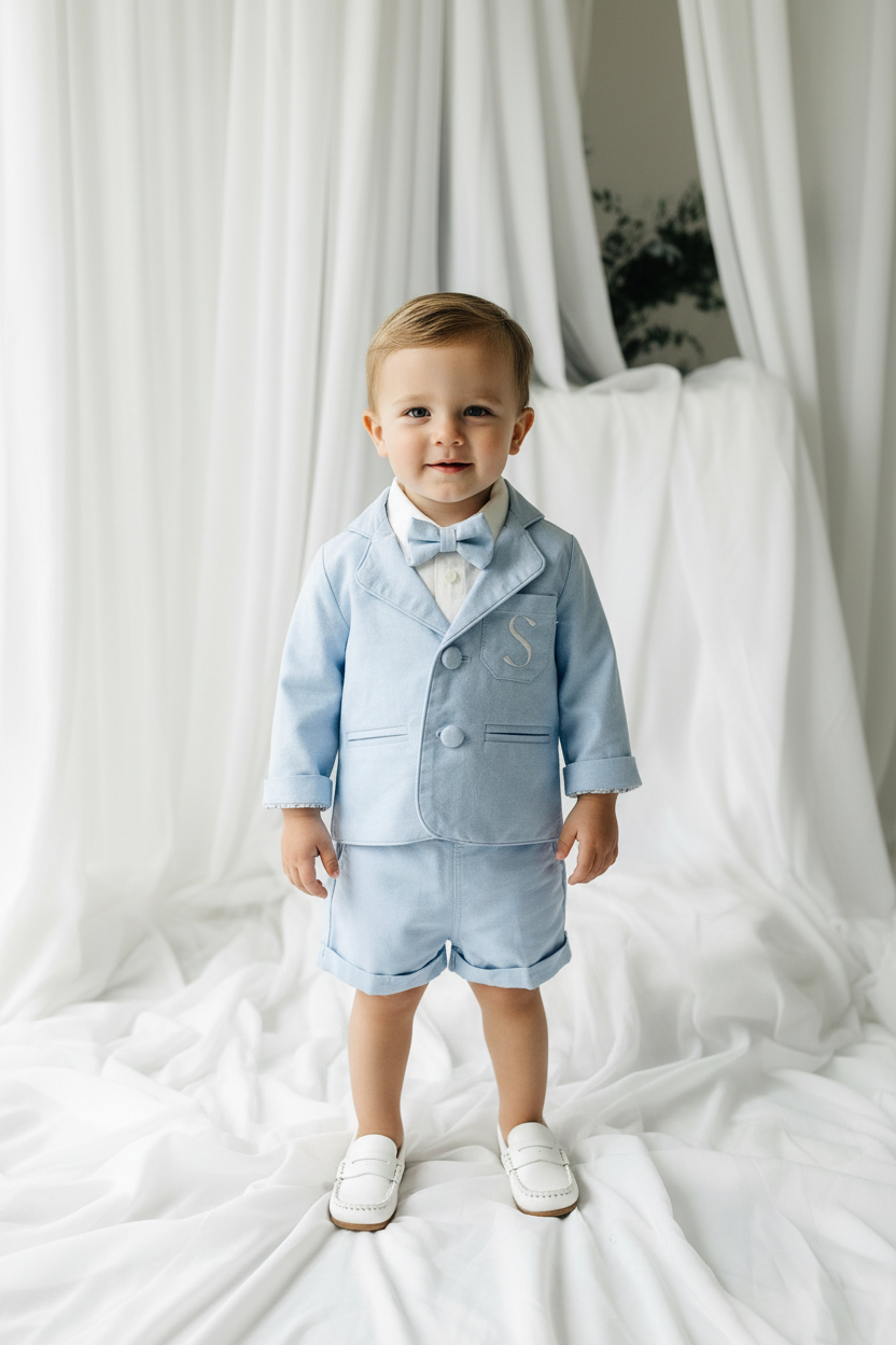 Pale blue summer vest set with blue vest, suspender shorts white shirt and blue blazer