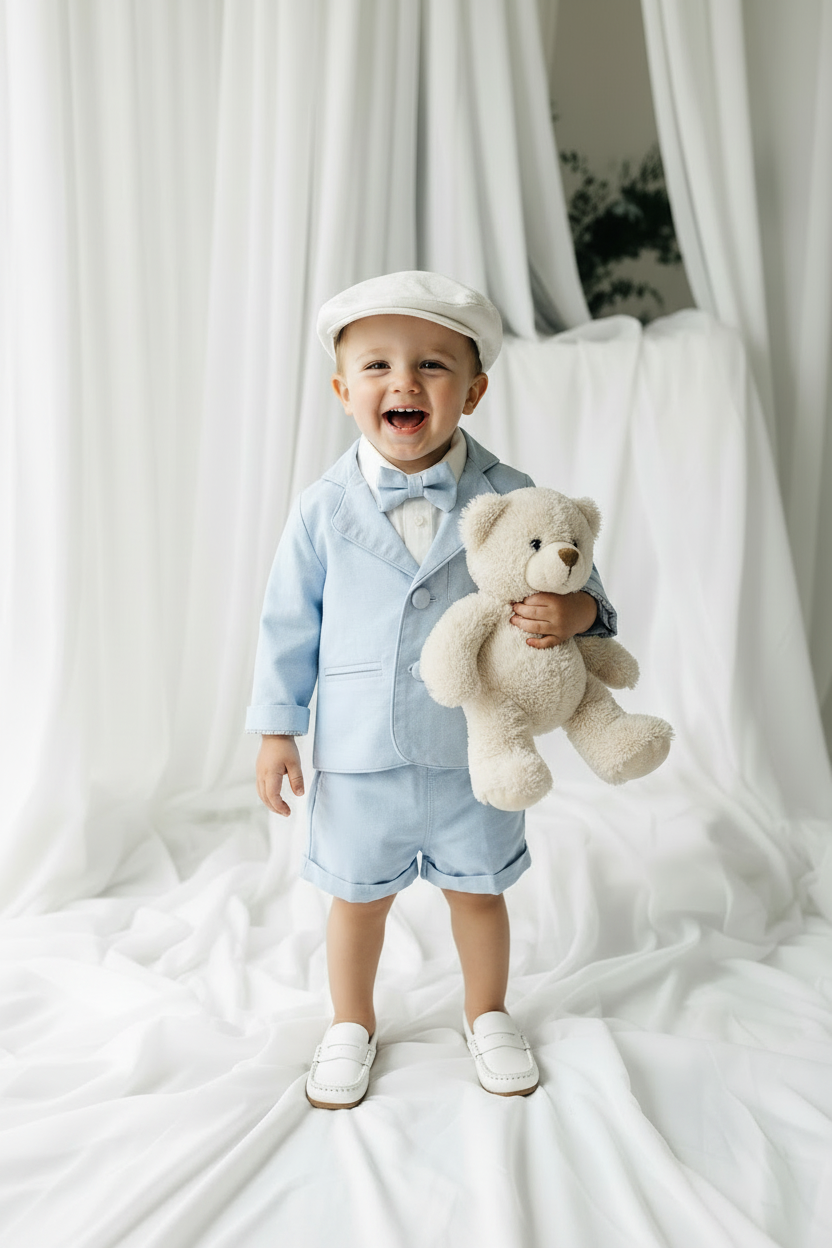 Pale blue summer vest set with blue vest, suspender shorts white shirt and blue blazer