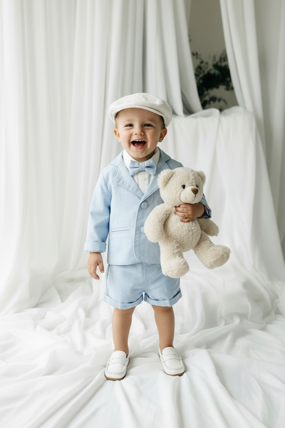 Pale blue summer vest set with blue vest, suspender shorts white shirt and blue blazer