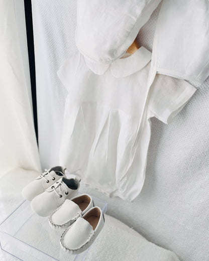 Linen Baptism peter pan collar bubble romper with optional embroidery customisation