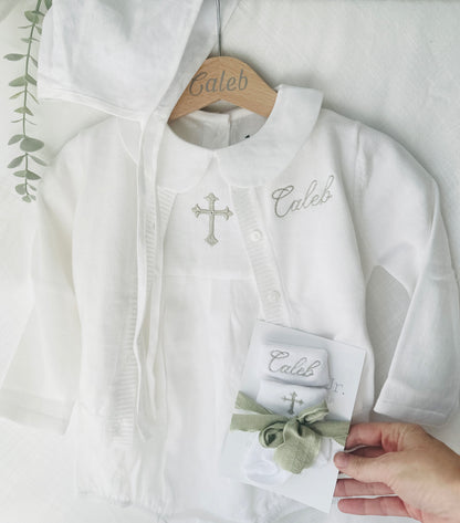 Linen Baptism peter pan collar bubble romper with optional embroidery customisation