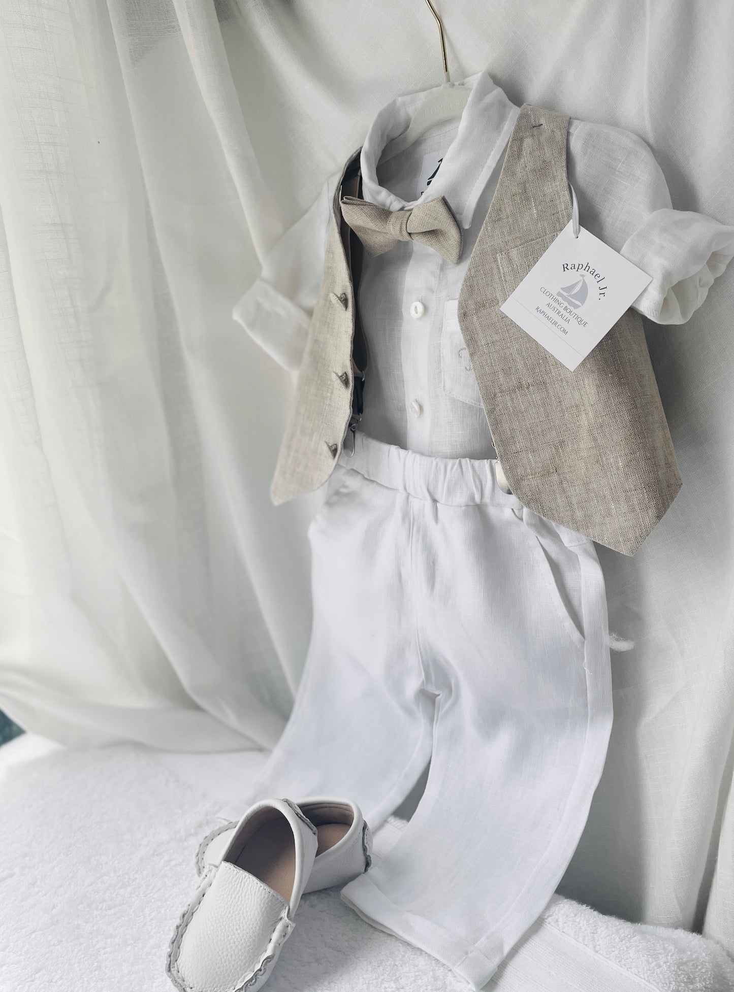 White and Beige Linen set with vest, shirt, pants, suspenders and bowtie plus optional jacket, cap and shoes