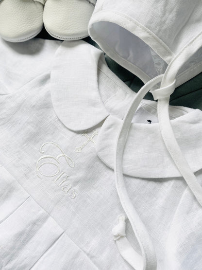 Linen Baptism 3/4 length jumpsuit with optional cardigan and embroidery