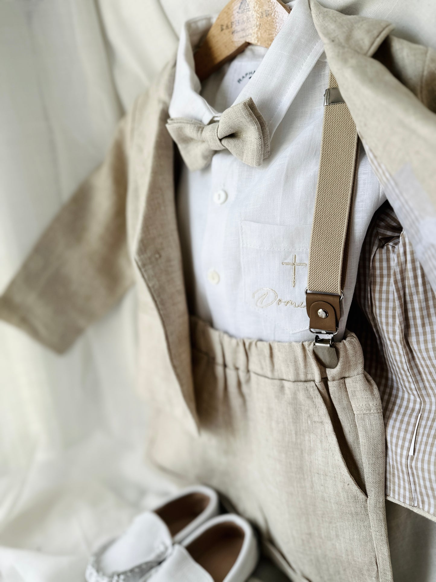 Beige Linen vest suit, shirt, pants, suspenders and bowtie plus optional jacket, cap and shoes