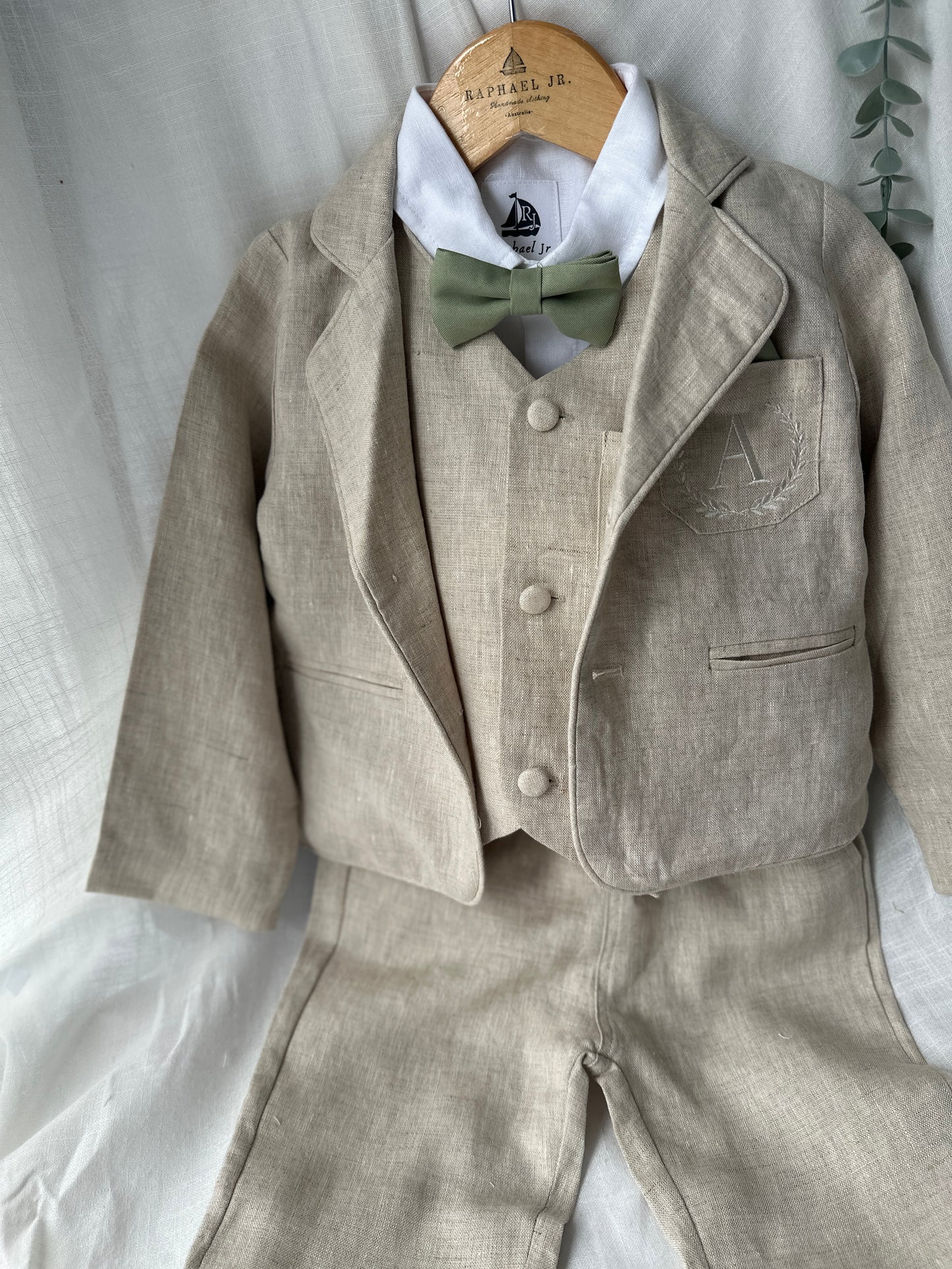 Beige Linen vest suit, shirt, pants, suspenders and bowtie plus optional jacket, cap and shoes