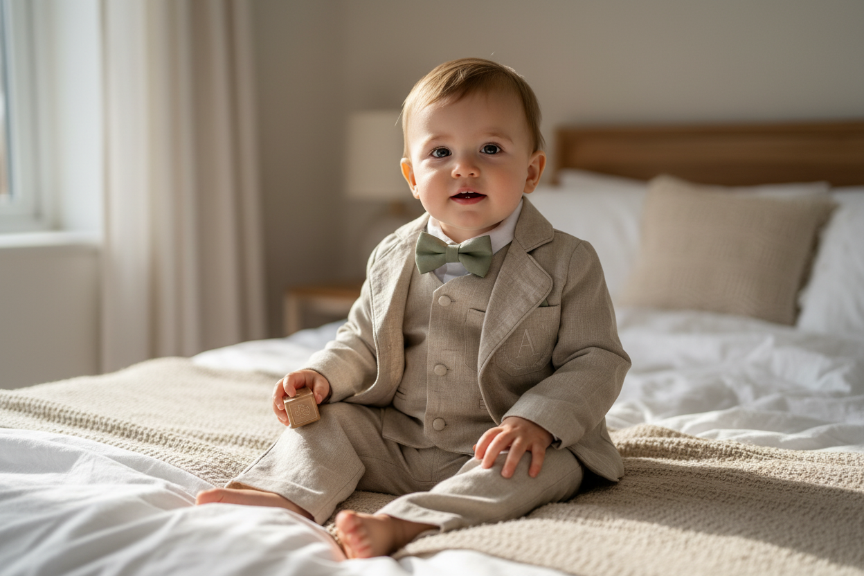 Beige Linen vest suit, shirt, pants, suspenders and bowtie plus optional jacket, cap and shoes