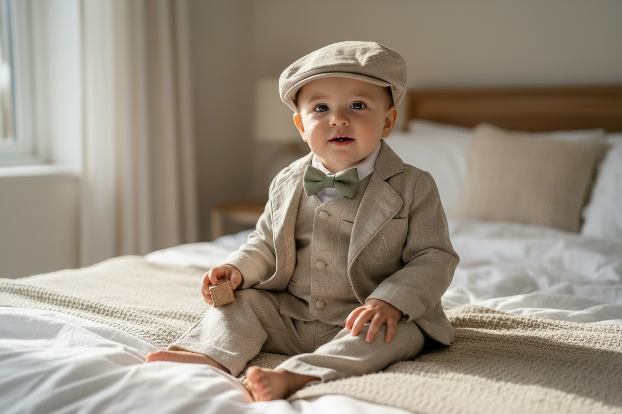 Beige Linen vest suit, shirt, pants, suspenders and bowtie plus optional jacket, cap and shoes