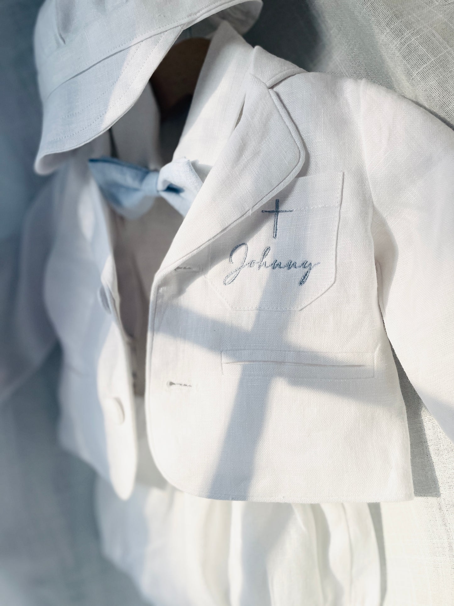 White linen Baptism suit set with pants, shirt, suspenders and bowtie plus optional extras