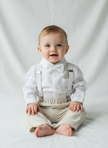 Beige linen pants and shirt set with bowtie and suspenders and optional personalisation