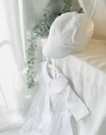 Linen Baptism 3/4 length jumpsuit with optional cardigan and embroidery