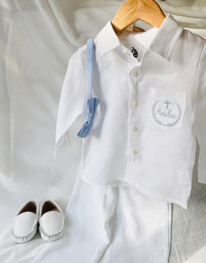 White linen Baptism suit set with pants, shirt, suspenders and bowtie plus optional jacket and extras