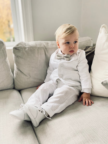 Boys white linen full 5 piece suit with vest, jacket, shirt, pants, suspenders and bow tie plus extras