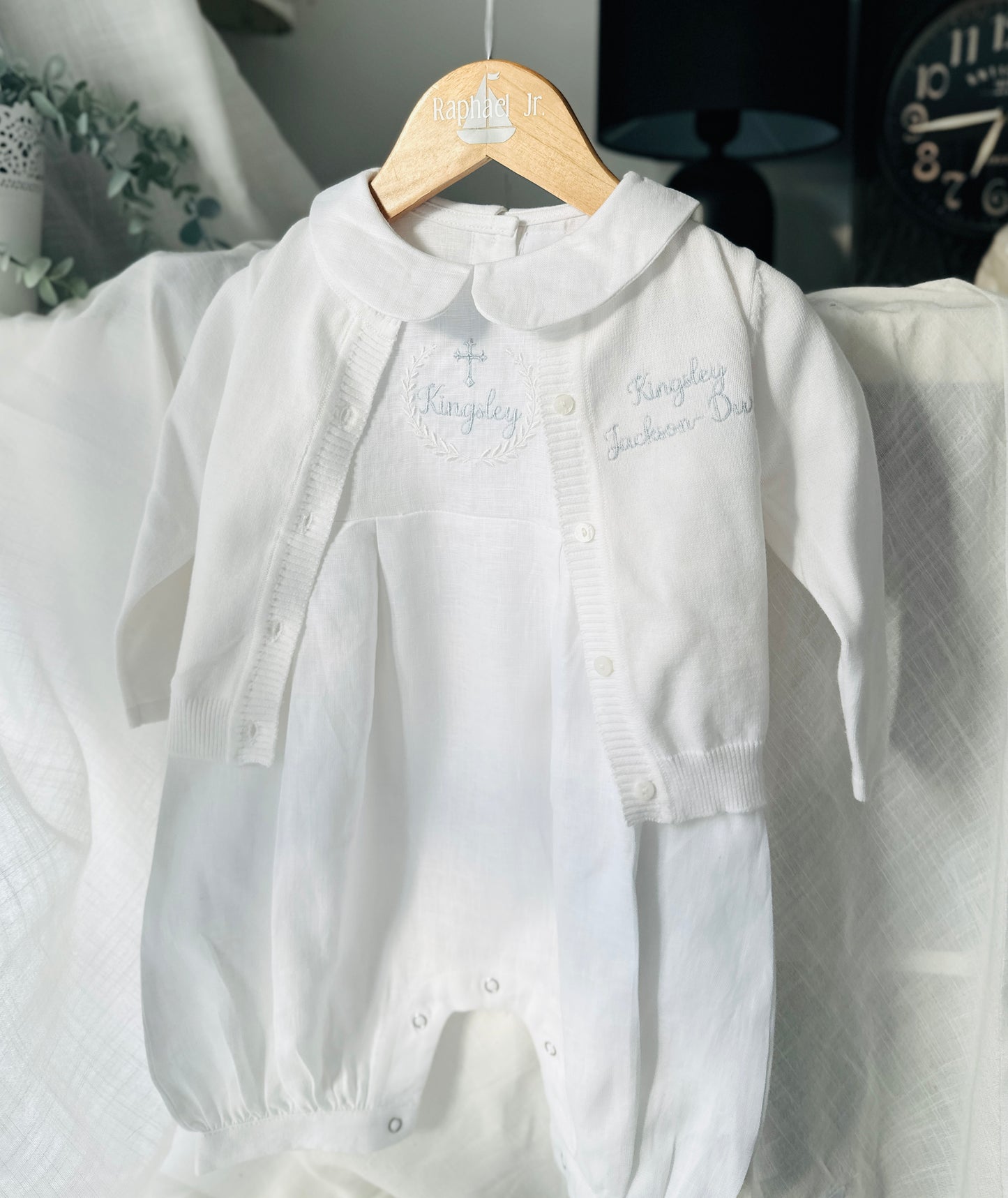 Linen Baptism romper dungaree jumpsuit with optional cardigan and embroidery
