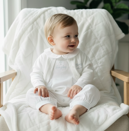 Linen Baptism 3/4 length jumpsuit with optional cardigan and embroidery