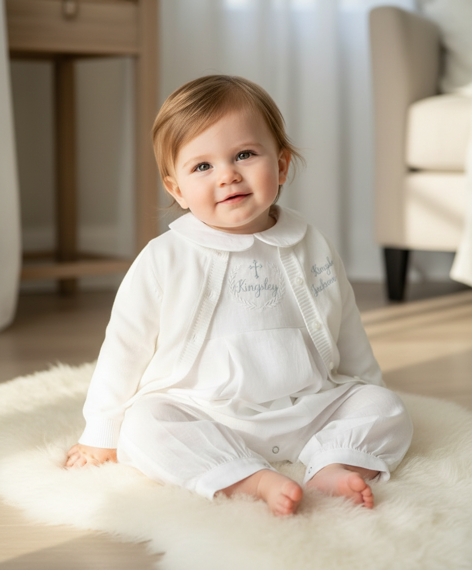 Linen Baptism romper dungaree jumpsuit with optional cardigan and embroidery