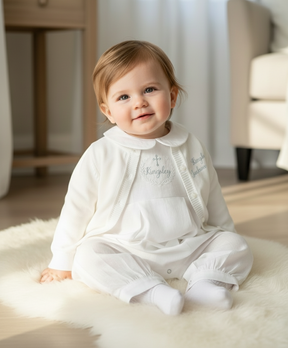 Linen Baptism romper dungaree jumpsuit with optional cardigan and embroidery