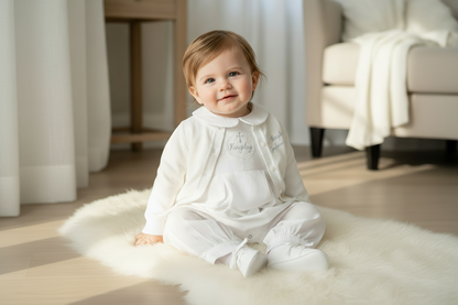 Linen Baptism 3/4 length jumpsuit with optional cardigan and embroidery