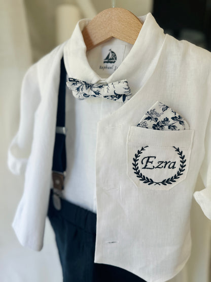 White linen vest and navy shorts summer set