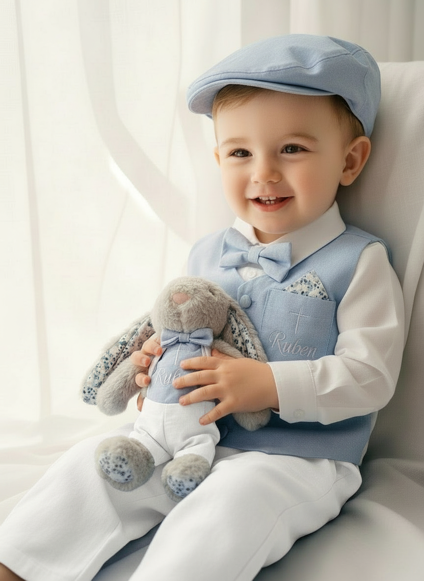 Boys pale blue and white Baptism outfit with blue vest, white linen suspender pants and shirt