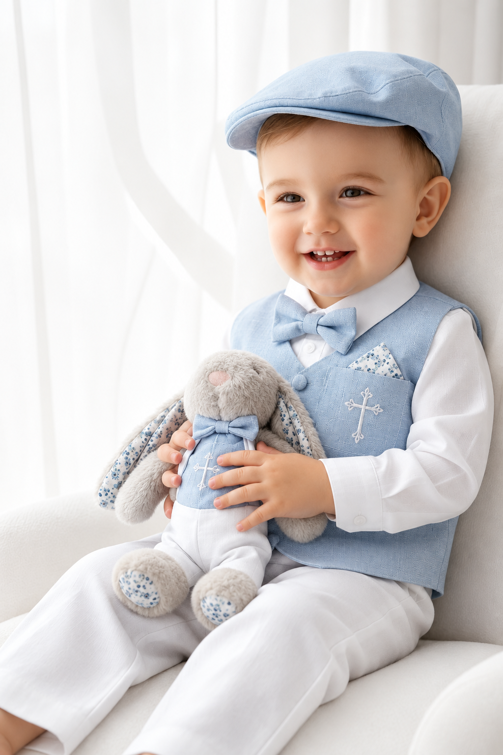 White linen suit with pale blue vest