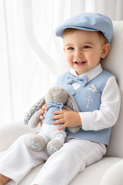 White linen suit with pale blue vest