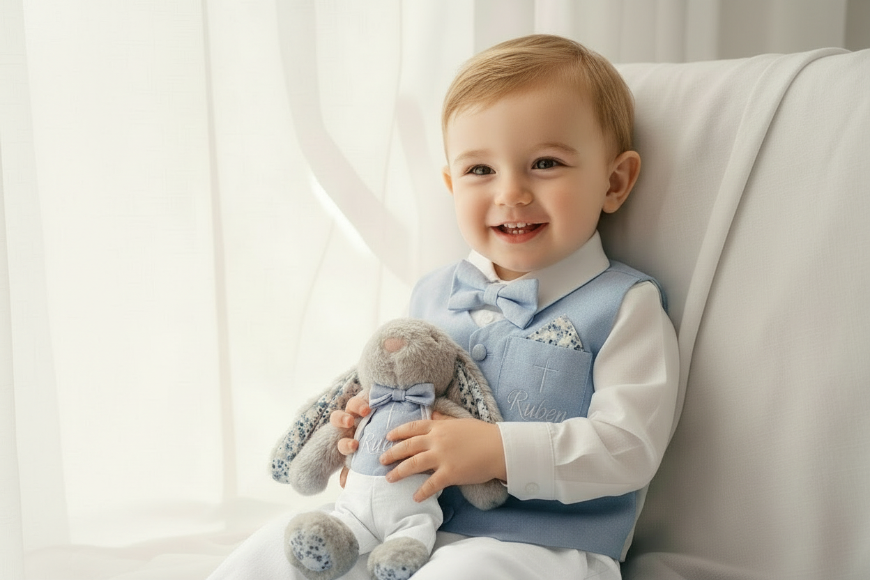Boys pale blue and white Baptism outfit with blue vest, white linen suspender pants and shirt
