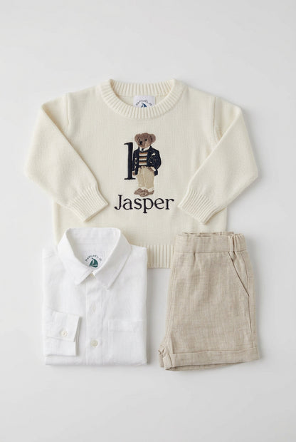Polo Bear first birthday set with linen shirt, shorts and bear jumper