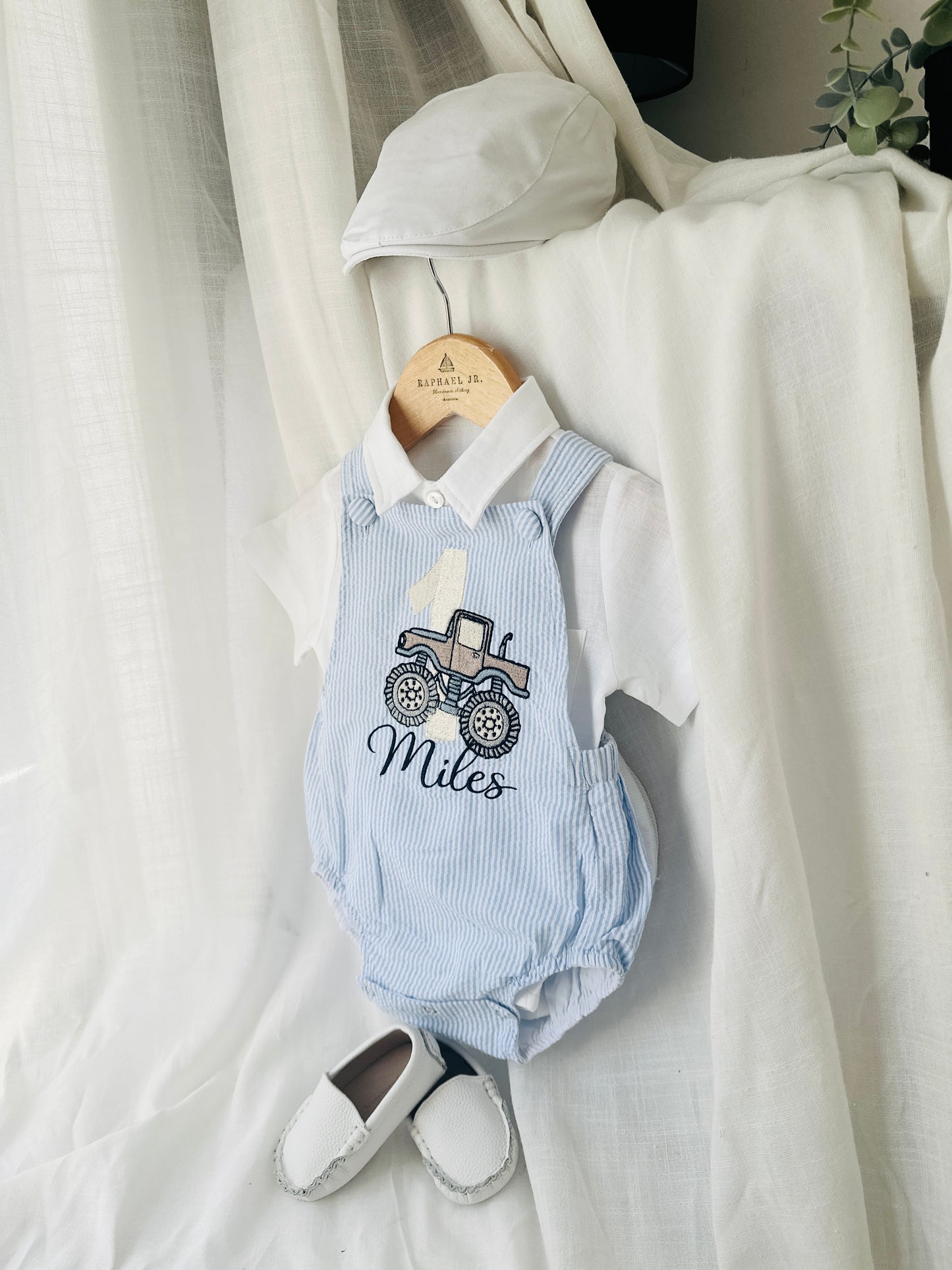 Boys Blue Seersucker teddy bear First Birthday romper