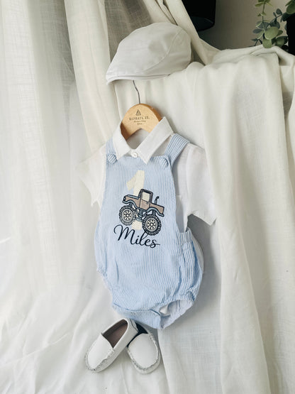 Boys Blue Seersucker teddy bear First Birthday romper