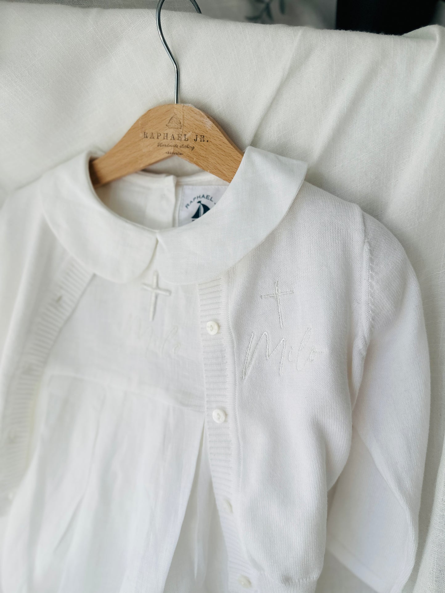 Linen Baptism peter pan collar bubble romper with optional embroidery customisation