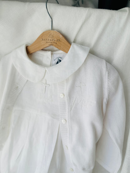 Linen Baptism peter pan collar bubble romper with optional embroidery customisation
