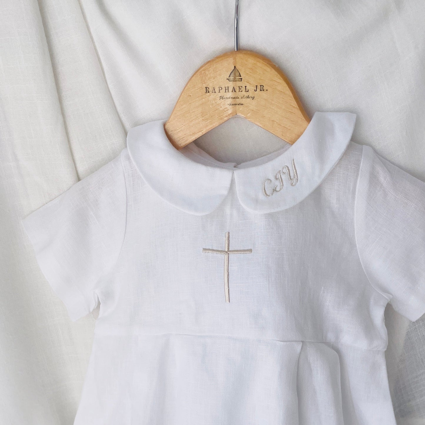 Linen Baptism peter pan collar bubble romper with optional embroidery customisation