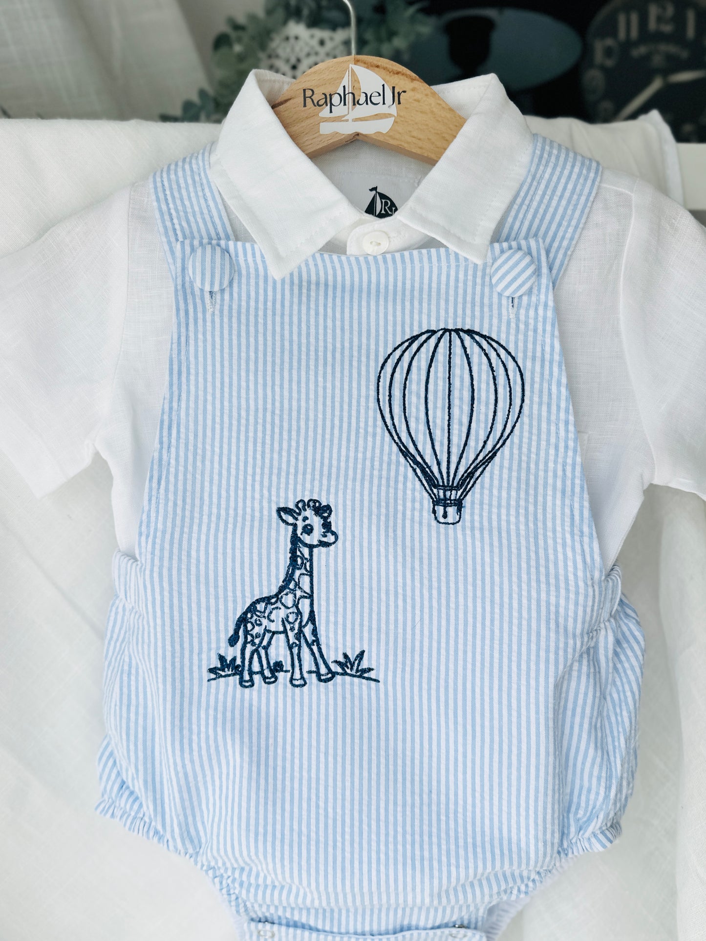Baby and Toddler boys blue and white linen baptism and birthday romper and shirt set