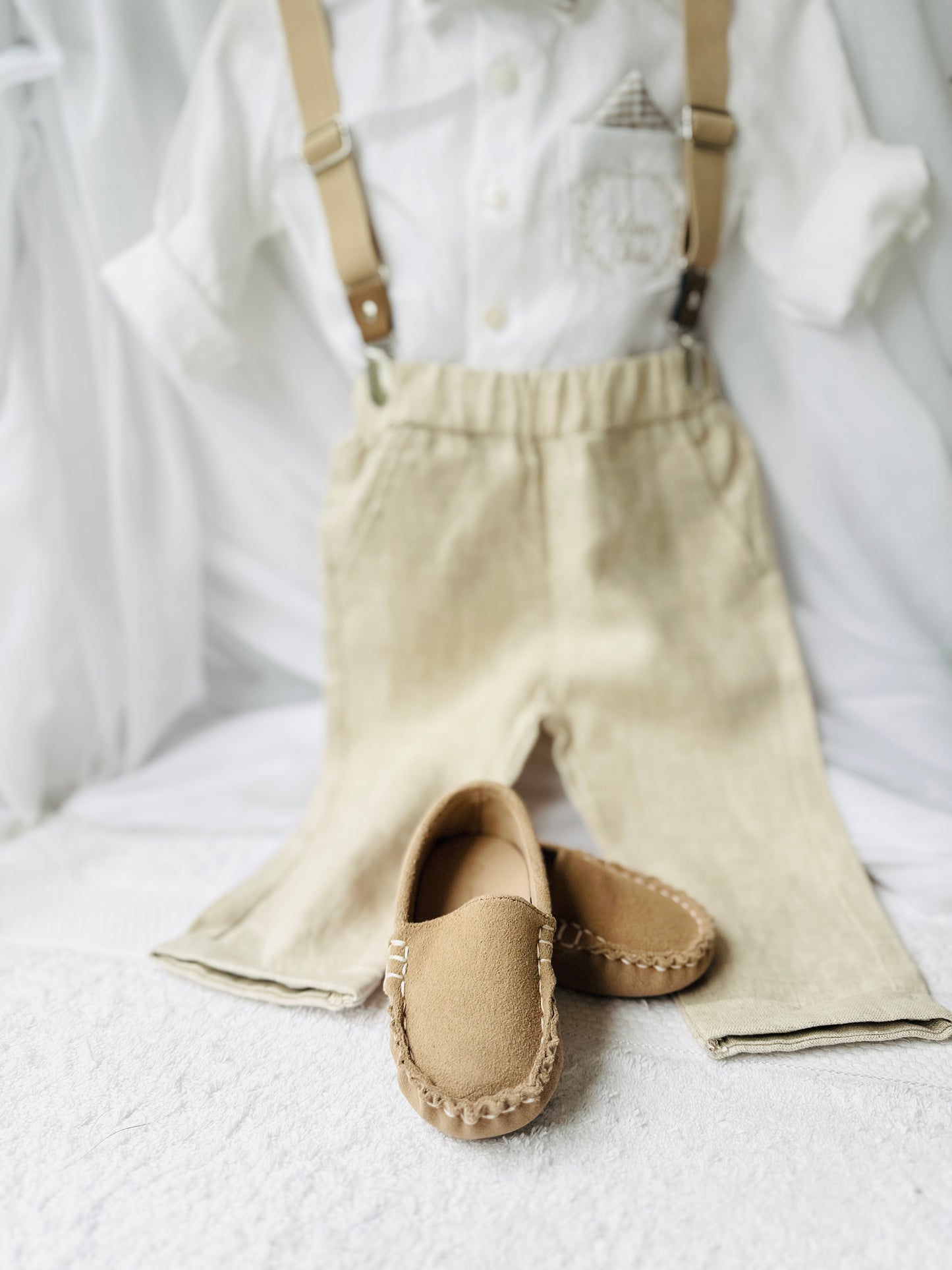Navy blue and beige formal baptism or wedding suit with accessories and optional personalisation