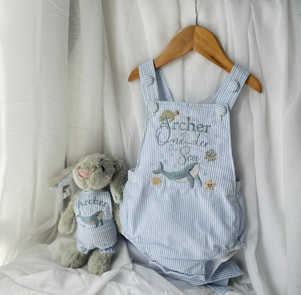 Boys Blue Seersucker Embroidered First Birthday romper