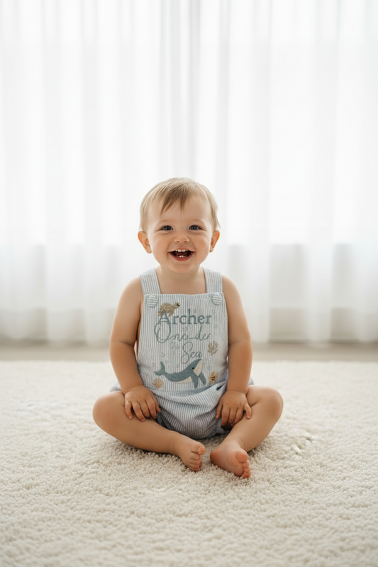 Boys Blue Seersucker Embroidered First Birthday romper