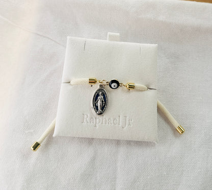 Evil eye bracelet white rope with gold clasps and optional charm