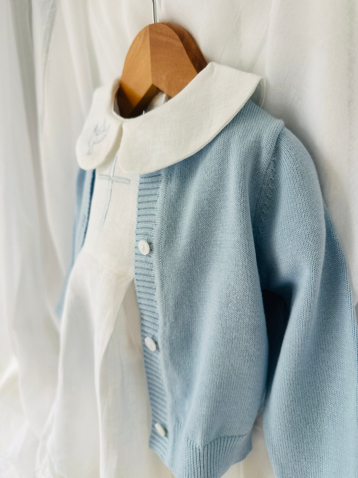 Linen Baptism 3/4 length jumpsuit romper with optional pale blue cardigan