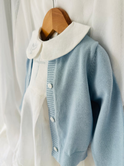 Linen Baptism 3/4 length jumpsuit romper with optional pale blue cardigan