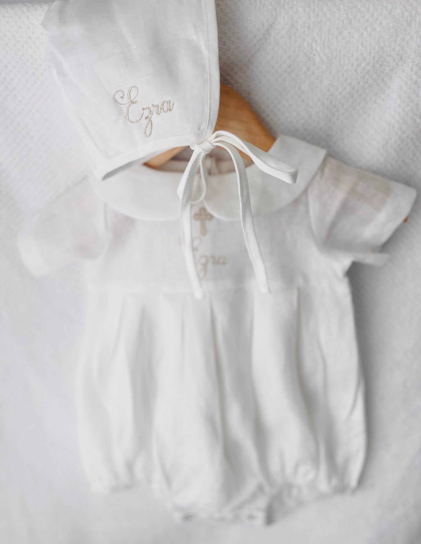 Linen Baptism peter pan collar romper outfit with optional embroidery customisation