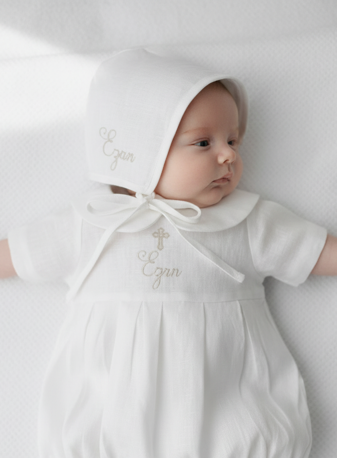 Linen Baptism peter pan collar romper outfit with optional embroidery customisation