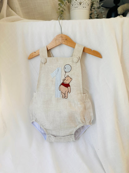 Boys Beige Linen First Birthday romper Pooh Bear and other designs