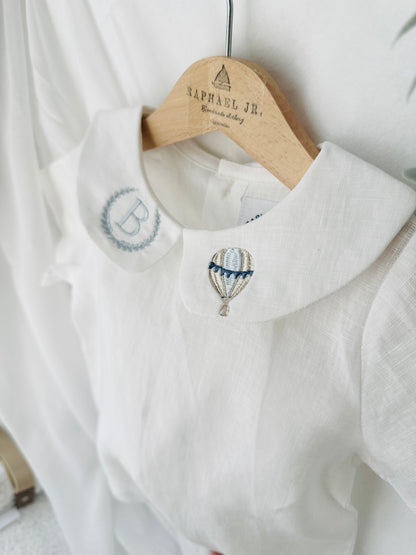 Boys white and grey linen baptism outfit with bloomers and blouse shirt
