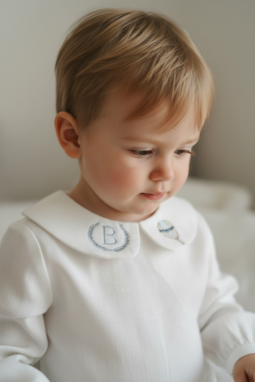 Beige and white linen Birthday and Baptism blouse with suspender shorts set
