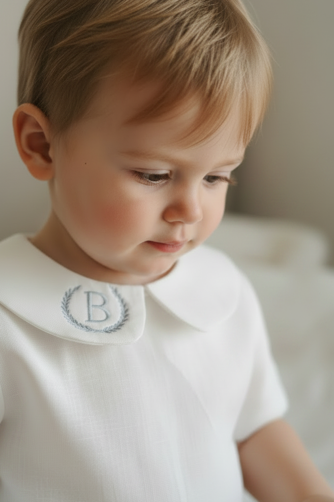 Beige and white linen Birthday and Baptism blouse with suspender shorts set