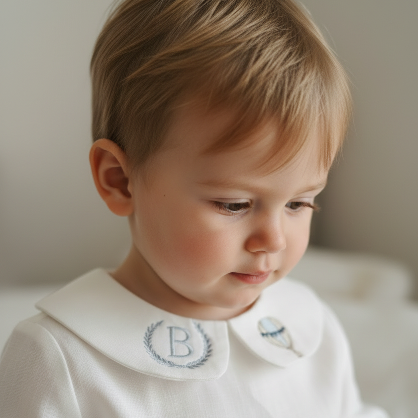 Boys white and grey linen baptism outfit with bloomers and blouse shirt