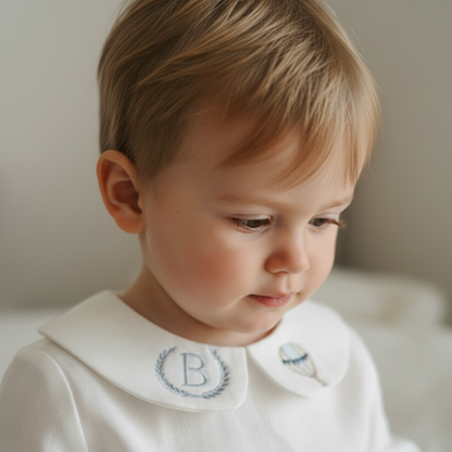 Boys white and grey linen baptism outfit with bloomers and blouse shirt