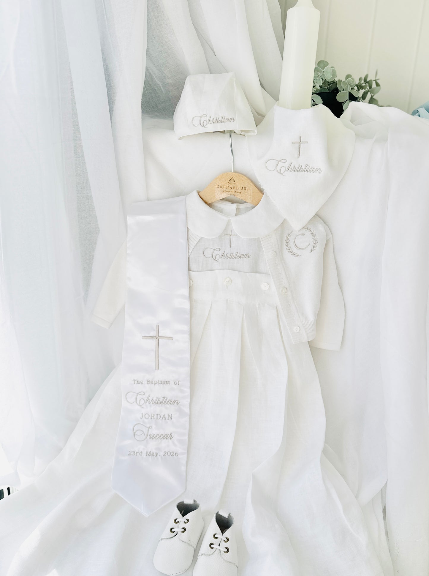 White Linen Unisex Baptism Gown 3/4 length romper with detachable skirt