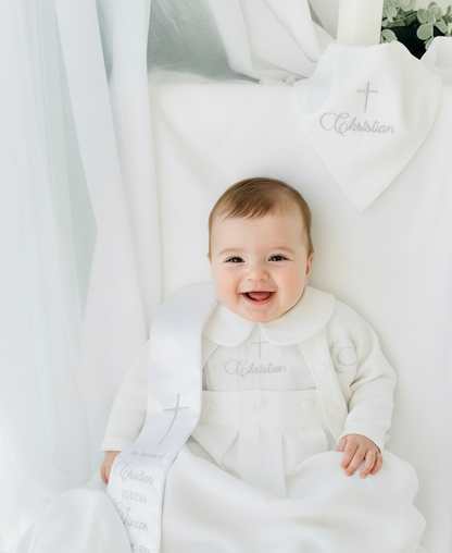 White Linen Unisex Baptism Gown 3/4 length romper with detachable skirt