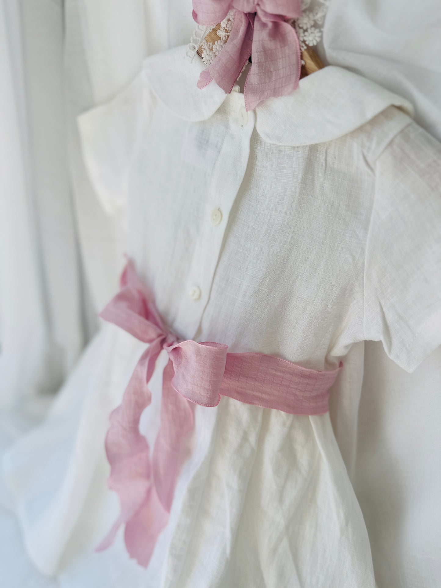 Pure Linen knee length Baptism Dress with embroidery and bloomers and optional ribbon